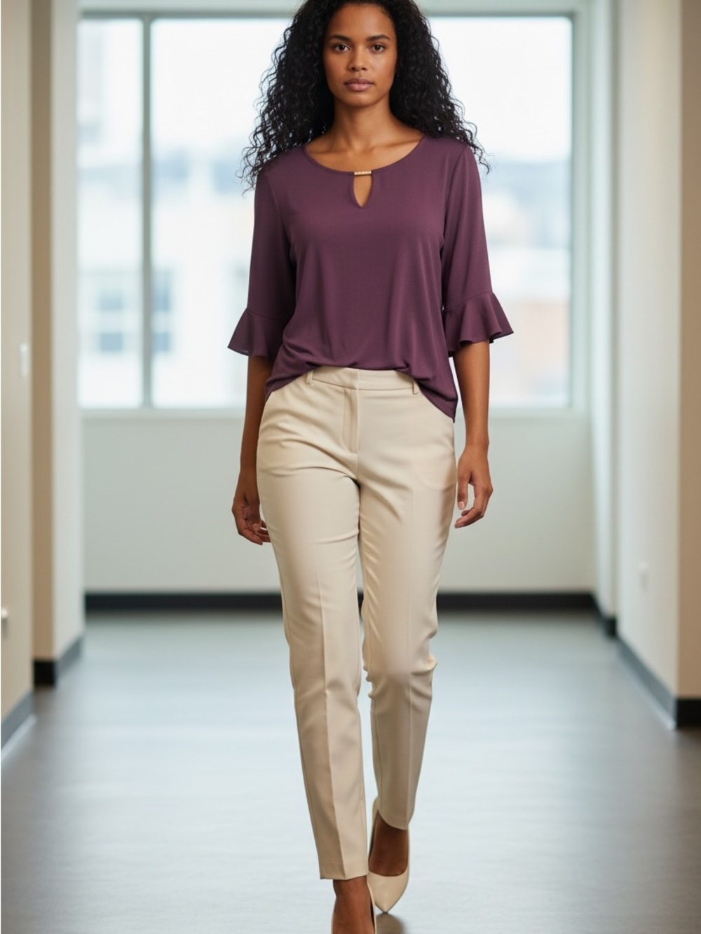 Calvin Klein Plum Contemporary Office Keyhole Top with Ruffle Sleeves | M